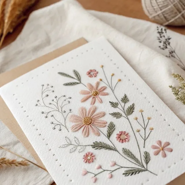 Cartão branco com arranjo floral bordado