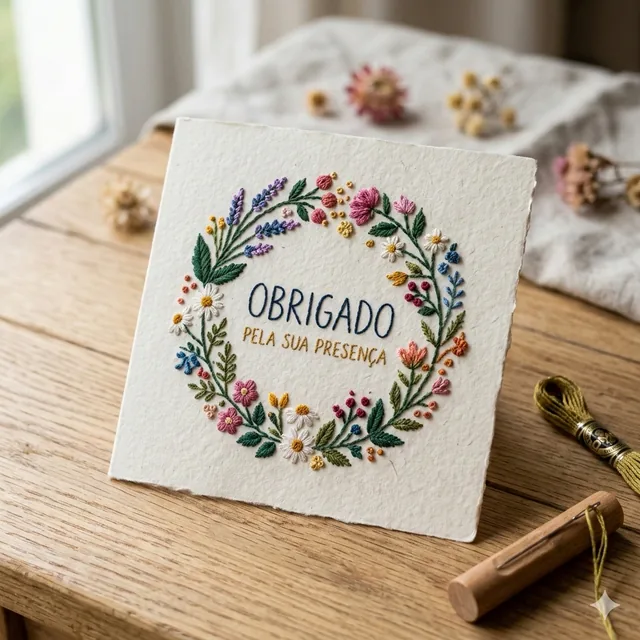 Cartão bordado com flores e mensagem de agradecimento